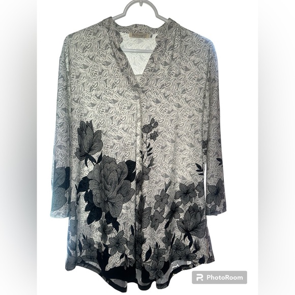 Bai Sheng GT White with floral print split V-neck top/blouse size XL - Picture 1 of 5